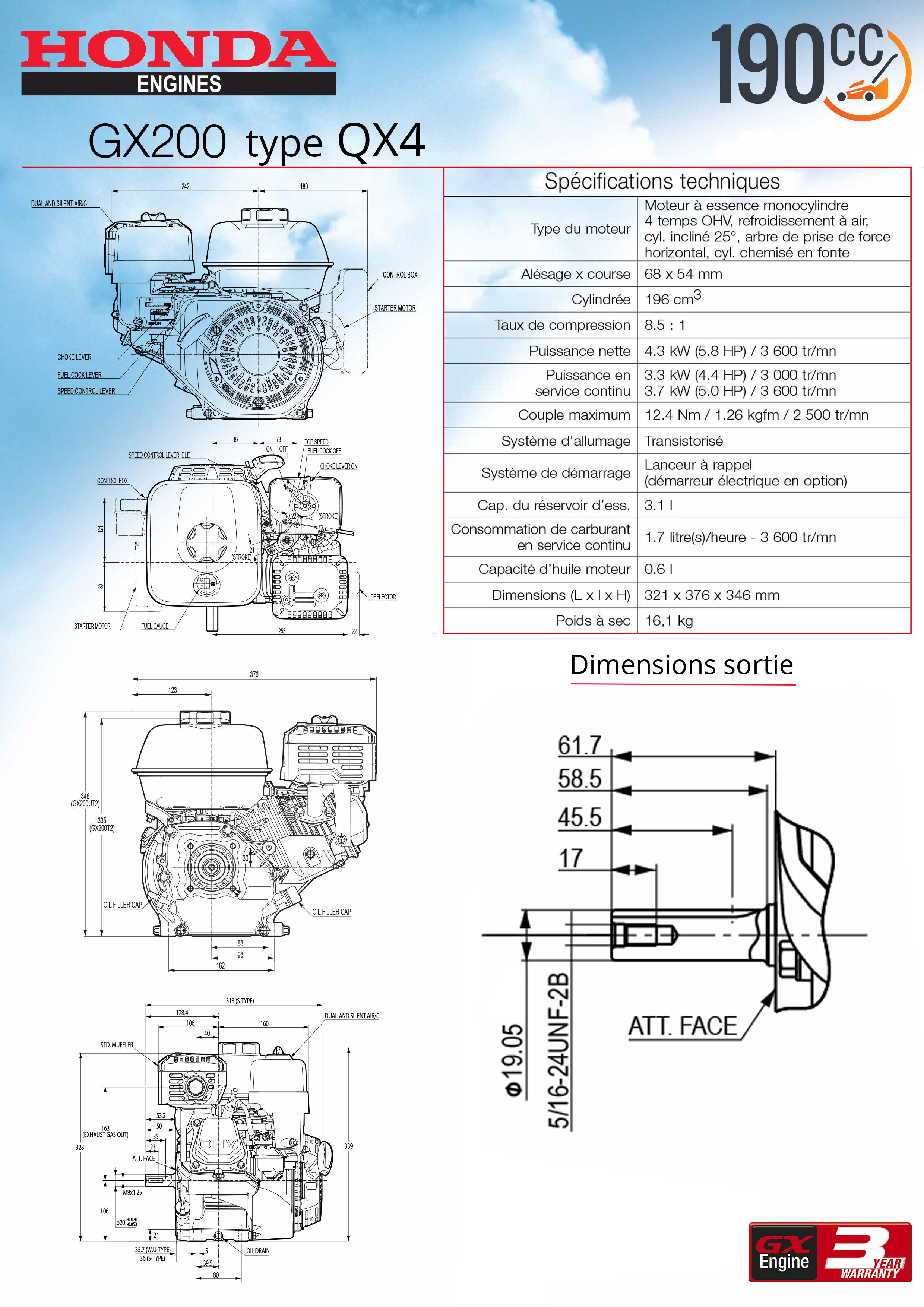 Moteur Honda GX200 QX4 190cc